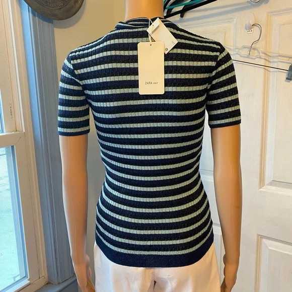 NWT Zara Knit Blue Striped Metallic Short Sleeves Sweater Women Size M Stretch - Picture 4 of 5